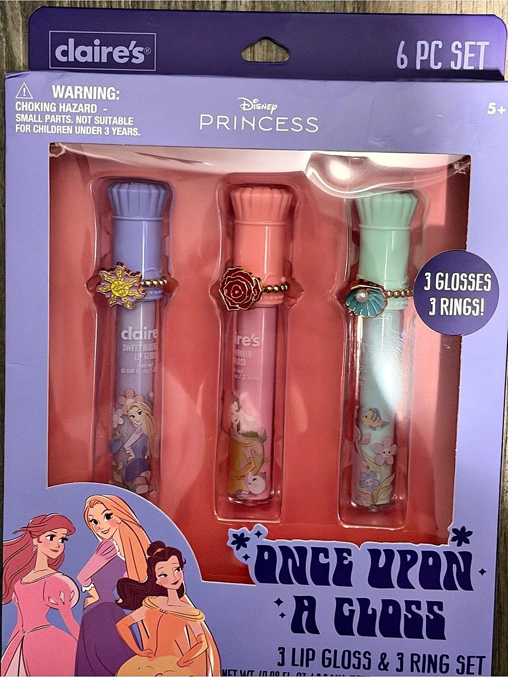 claire's Disney Princess 3 Lip Gloss & 3 Ring Set 6 Pc Set NWT